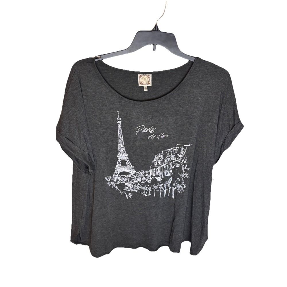 True Self Women's Size 3X Paris Eiffel Tower Graphic Tee Dolman Sleeve Gray